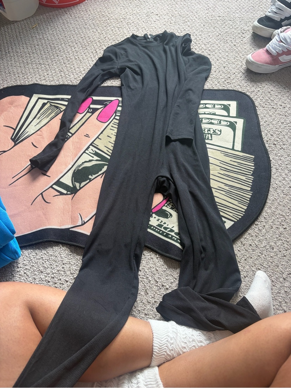 Black Long Sleeve Ribbed Jumpsuit